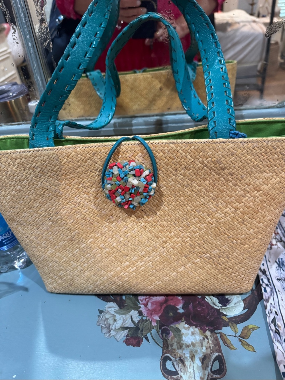 The Sak Straw Tote with Turquoise Handles and Multicolor Bead Accent